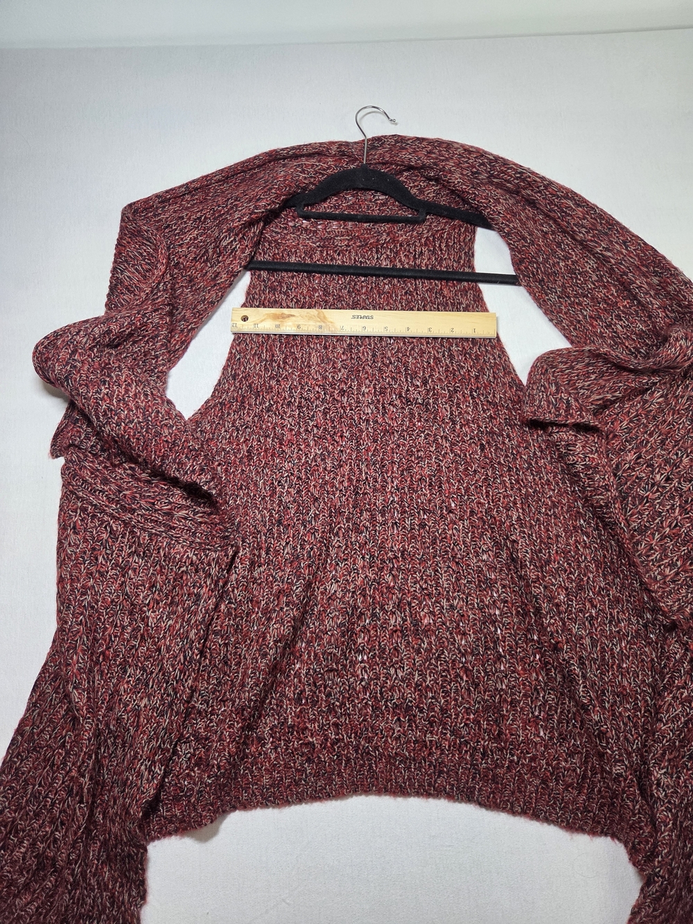 Womenβs burgundy mixed open-front sleeveless knit wrap vest with a Scarf Like